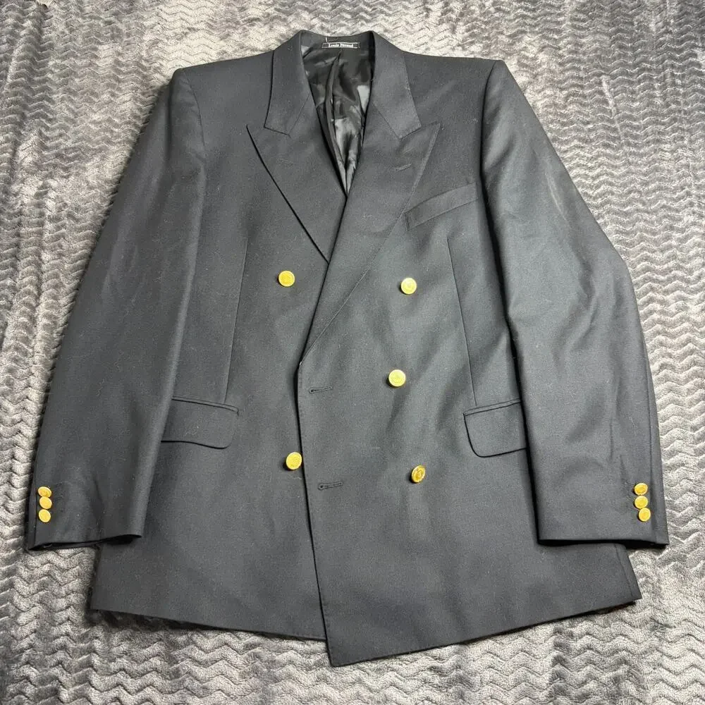 Louis Feraud Blazer 41R black Double Breasted Gold Button 100% Virgin Wool